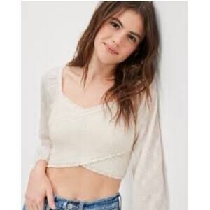 American Eagle Embroidered Puff Sleeve Smocked Top Ivory Med Coquette Peasant